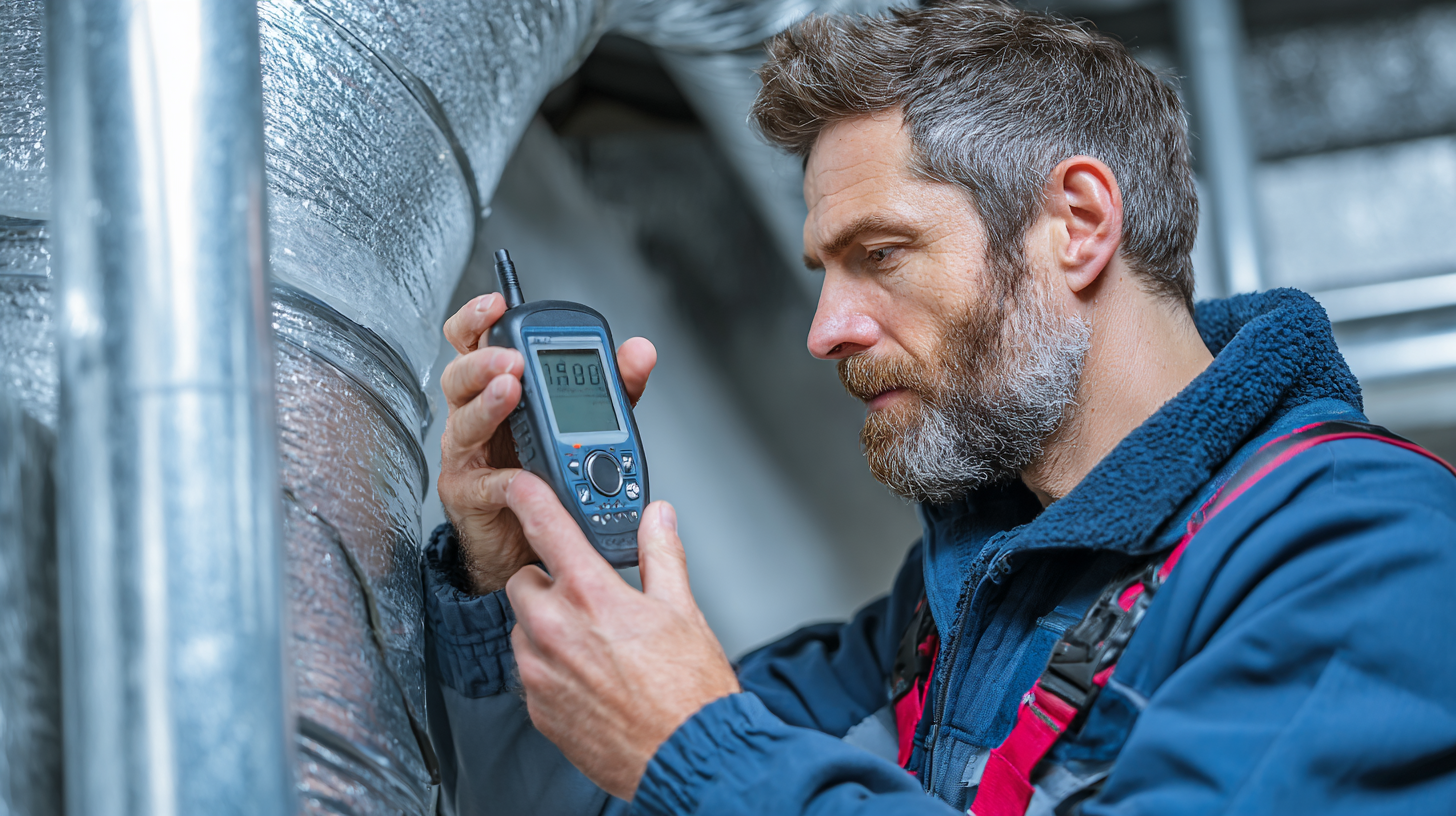HVAC technician measuring duct noise with a sound meter